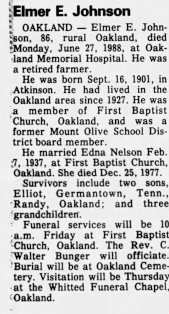 Obituary for Elmer E. Johnson, 1901-1988 (Aged 86)